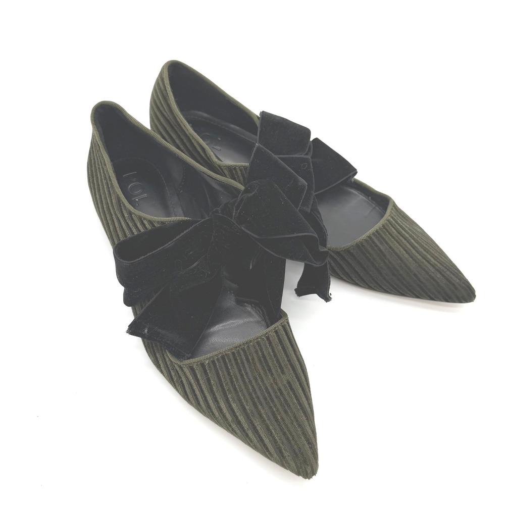 POL Corduroy Pointed Toe‎ Flats Women Size 7 Olive Green Black Velvet Bow Shoes